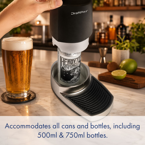 A hand lowers the DraftPour top onto a beer can, with a full pint glass alongside. It can accommodate all cans and bottles.