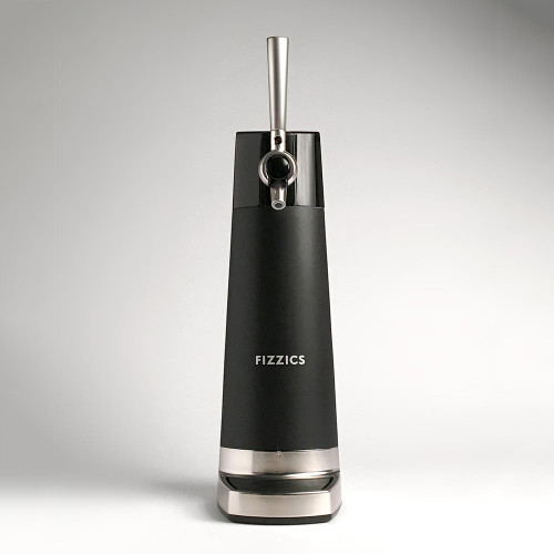 A black countertop draft beer dispenser sits on a white background.