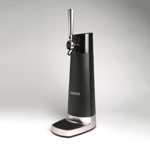 The Fizzics DraftPour beer tap has a black body, silver-coloured base, and chrome tap handle, shown on a plain background.
