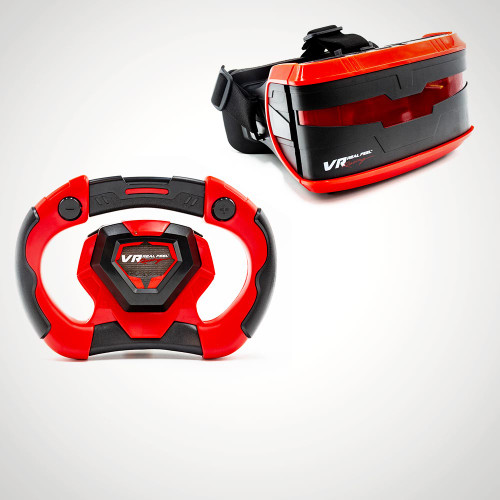 The red and black Real Feel Racing VR headset and steering wheel controller, shown together against a plain white background.