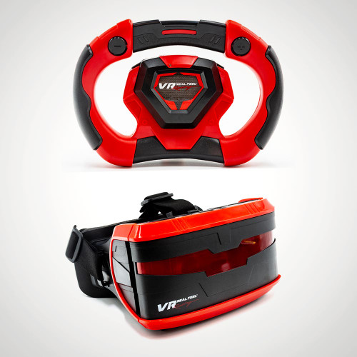 The Real Feel Racing VR Set, showing the red and black steering wheel controller above the matching black and red VR headset.