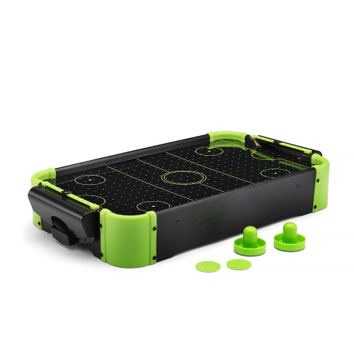 A tabletop Neon Air Hockey Table in black and bright green, displayed with two green mallets and three matching pucks.