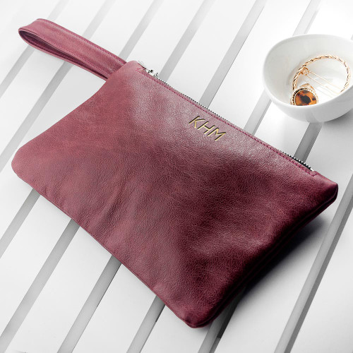 Personalised Burgundy Leather Clutch Bag