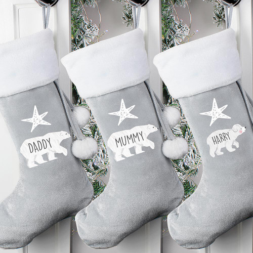 Personalised Polar Bear Luxury Silver-Grey Stocking