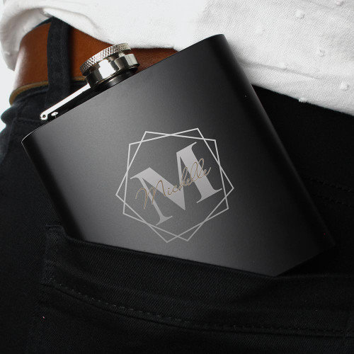 Personalised Geometric Initial Black Hip Flask