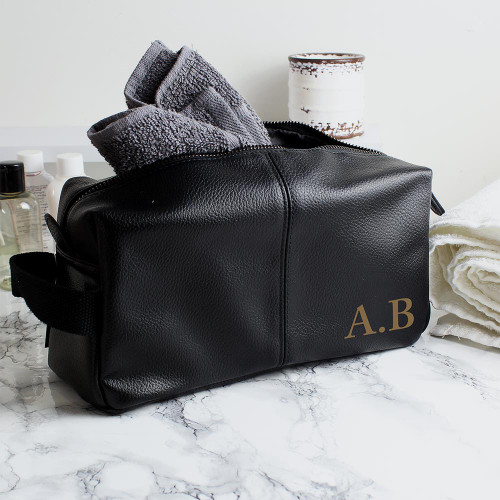 Personalised Black Leather Wash Bag