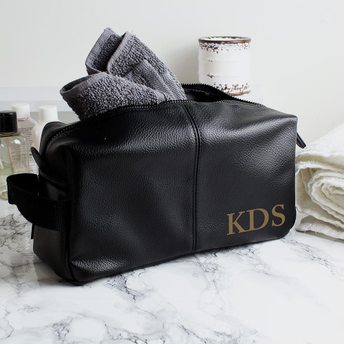 Personalised Black Leather Wash Bag