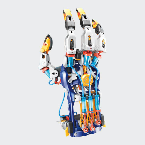 The assembled Hydraulic Cyborg Hand in blue, white, and yellow, with articulated fingers and visible water-filled plungers.