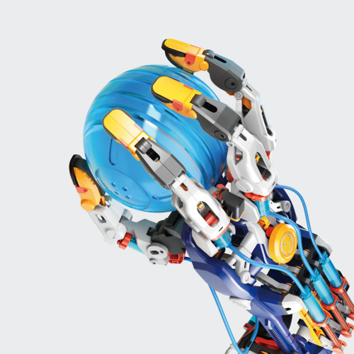 Close-up of the multi-coloured Hydraulic Cyborg Hand, its mechanical fingers and hydraulic tubes gripping a blue ball.