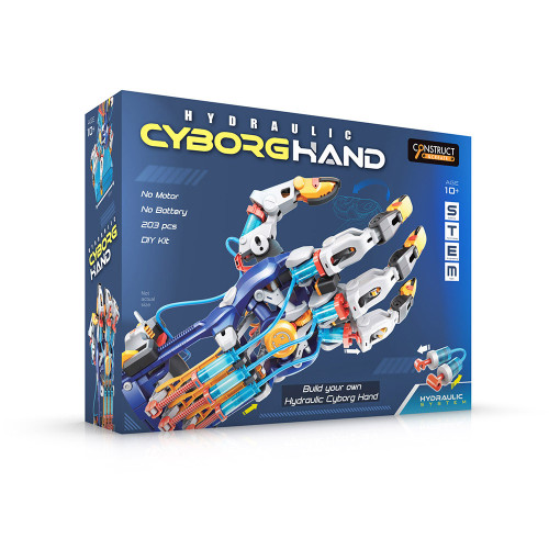 The retail box for the Hydraulic Cyborg Hand DIY kit, displaying its lack of motor or batteries. There are 203 pieces.