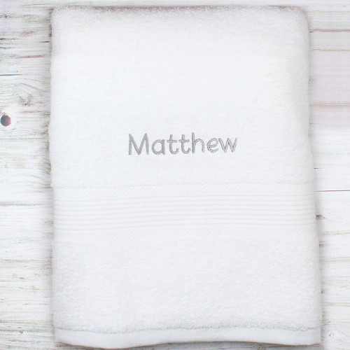 Personalised White Bath Towel - Grey Embroidery