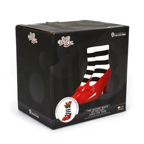 The black retail box for the Wizard of Oz Red Slippers Vase, showing the vase with its striped stockings and shoes.