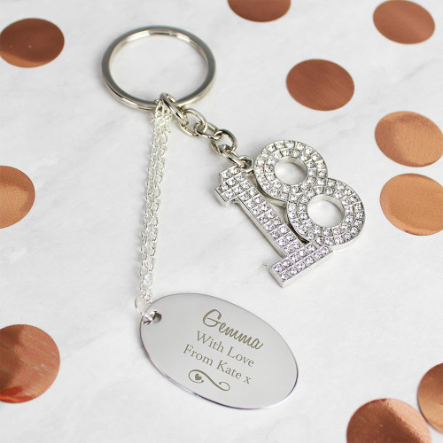 Personalised 18th Swirls and Hearts Diamante Keyring