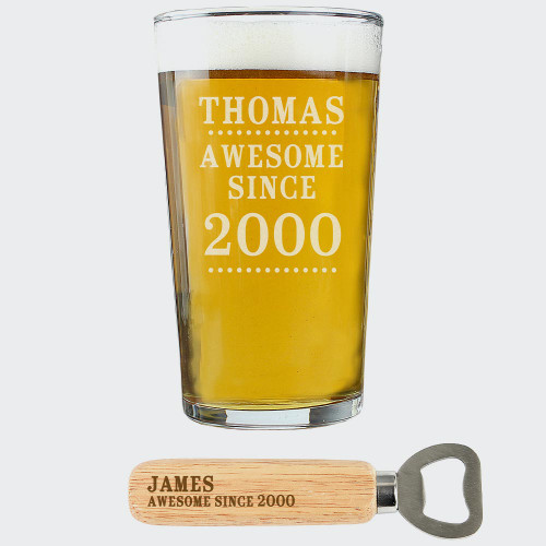 Personalised Awesome Since Pint Glass and Bottle Opener