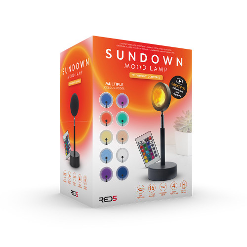 The Sundown Mood Lamp's retail box, showing the lamp glowing orange next to its remote control and a list of colour modes.