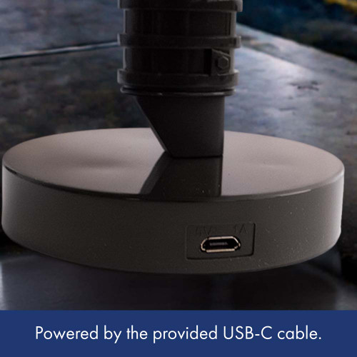 Close-up of the Dark Saber Desk Light's black base, showing the USB-C power port. It is powered by the provided USB-C cable.