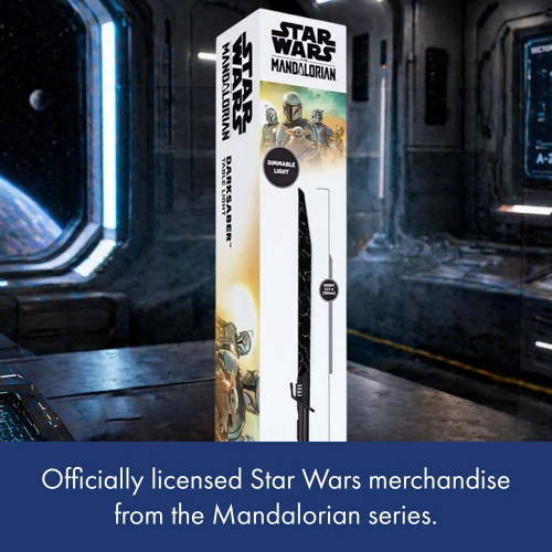 Official Mandalorian Darksaber desk light packaging on a spaceship console, a planet visible through the background window.