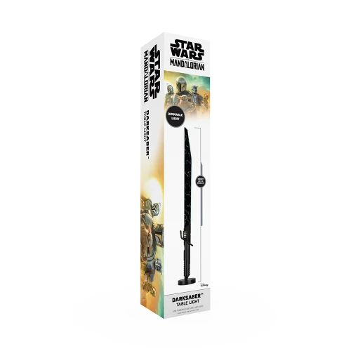 The tall retail box for the Mandalorian Darksaber Table Light, showing the dimmable light and character graphics.