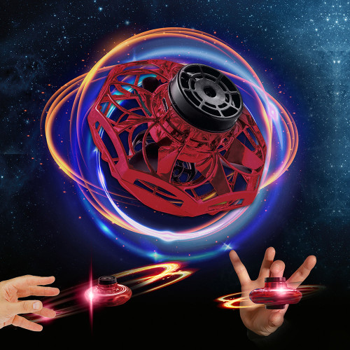 A red LED Vortex Spinner hovers against a starry sky, surrounded by colourful light trails.