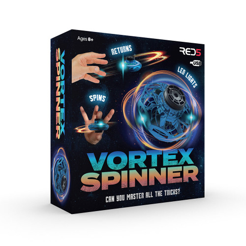 The retail box for the blue Vortex Spinner. It shows how it spins, flies and returns back to its user. Aged for 8+ years old.