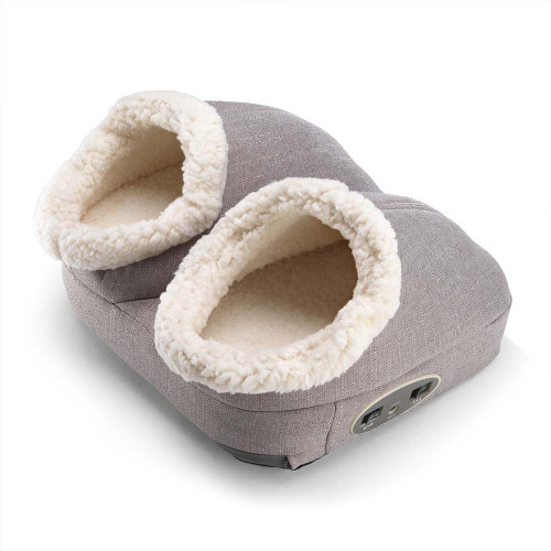 A grey  foot massager with two deep, fluffy, cream-coloured pockets for your feet. Controls are on the side.