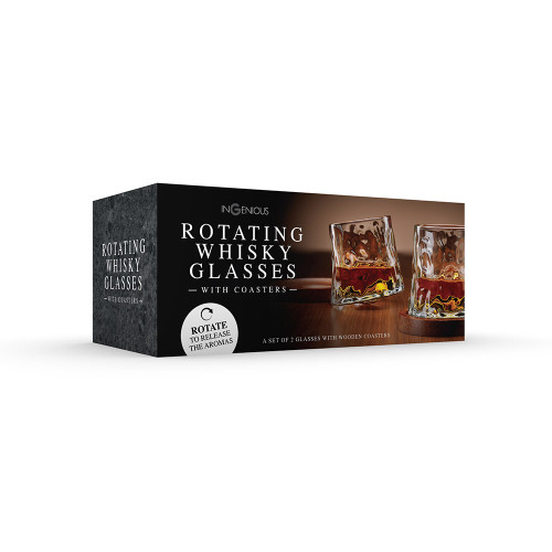 Whiskey Rotating Glasses with Coasters – Set of 2 by InGenious