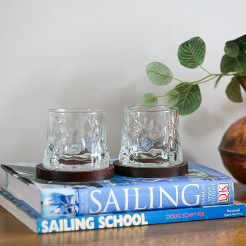 Two whiskey glasses on dark wooden coasters, displayed on a stack of books next to a leafy green plant.