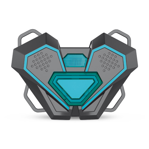 A futuristic, angular laser tag chest target in dark grey with a central, diamond-shaped blue sensor and speaker grilles.