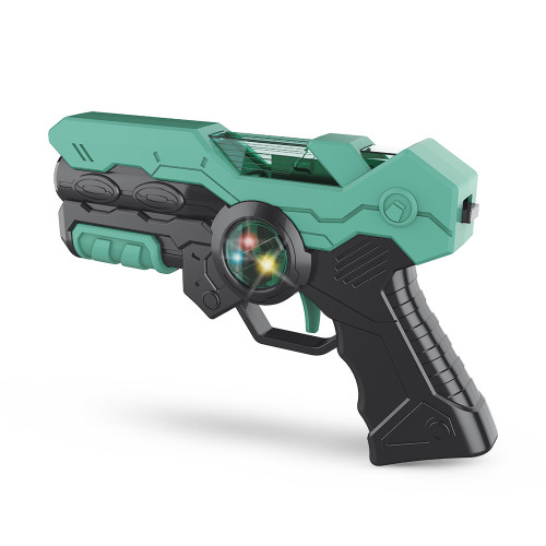 A toy laser tag gun in teal green and black, with a round panel on the side glowing with multicoloured lights.