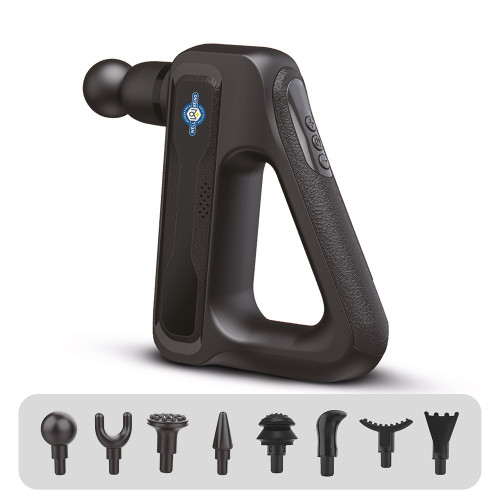 A black Wellbeing Cordless Massage Gun with a triangular handle is shown above seven interchangeable massage heads of different shapes, including round, forked, flat, and spiked attachments.