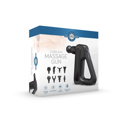 Box of the Wellbeing Cordless Massage Gun with, showing the device,  8 Interchangeable Heads, rechargeable design, quiet operation, long-lasting battery, and brand name Well Being prominently displayed.