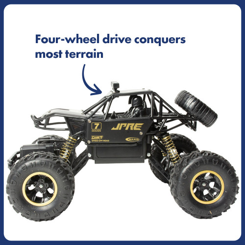 Black Rock Crawler RC truck with gold details, its suspension flexed to show how its four-wheel drive handles all terrains.