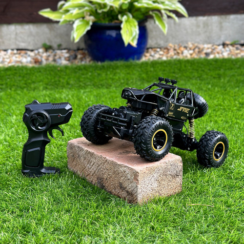 The black Rock Crawler RC truck sits on a brick on a green lawn, its remote controller standing in the grass next to it.
