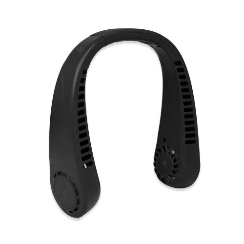 The black BeCool bladeless neck fan in a U-shape, angled to show the inner air vents and circular fan intakes at each end.
