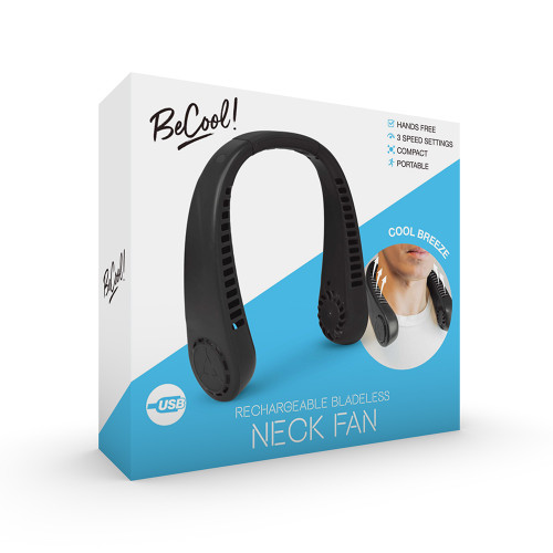 The BeCool neck fan retail box, showing how it is rechargeable, compact, hands free and has speed settings.