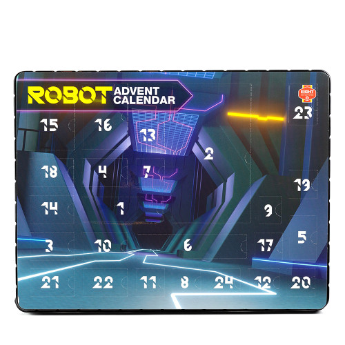 A front numbered view of the Robot Advent Calendar, decorated with a futuristic sci-fi tunnel graphic in purple and blue.