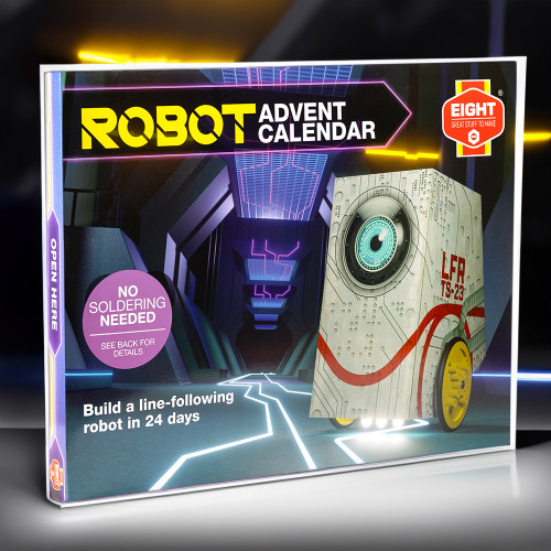 The Robot Advent Calendar packaging shows a robot with yellow wheels following a glowing line down a futuristic corridor.