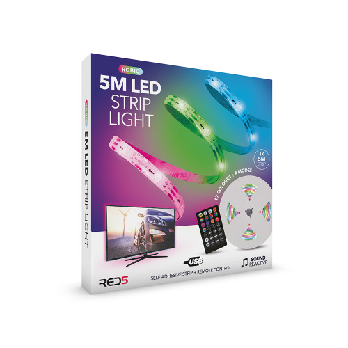 Retail packaging for the 5M Sound Reactive LED Strip Light, showing its 17 colours, USB charging and self-adhesive design.