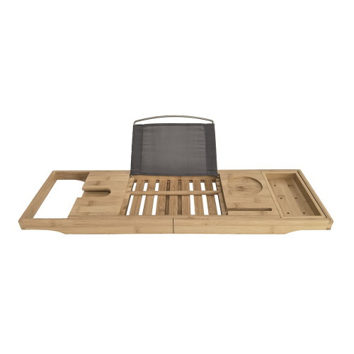 A natural bamboo bath caddy with a flip-up grey book rest, wine glass slot, and circular holder for a candle or mug.