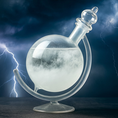 The Globe Storm Glass, filled with cloudy white crystals, sits in its stand before a dark, stormy sky with lightning.