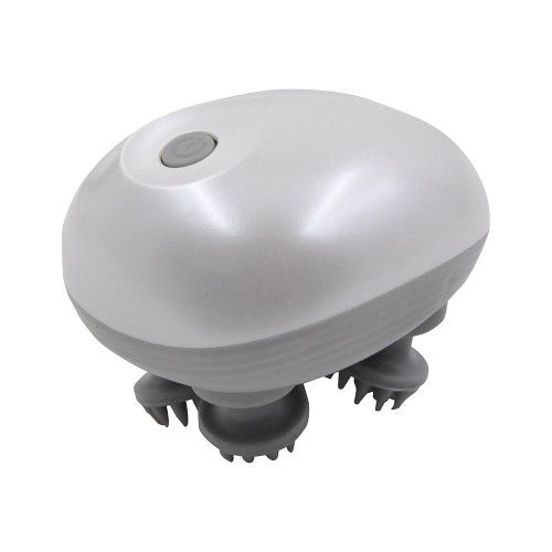 A dome-shaped rechargeable head massager in light and dark grey, with a power button on top and four spiky massaging feet.