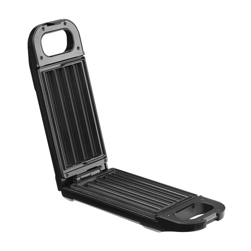 The black churro maker is shown fully open, revealing the deep, ridged non-stick cooking plates for four churros.
