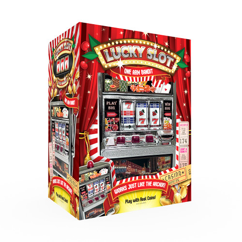 The colourful packaging for the Lucky Slot Machine. The box has retro casino graphics.
