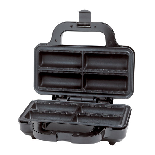 A black Treat Factory Sausage Roll Maker stands open, revealing four non-stick moulds for baking sausage rolls.