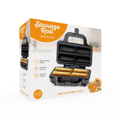 The Sausage Roll Maker's retail box, showing the heat insulated handles, cool touch housing and at home benefits.