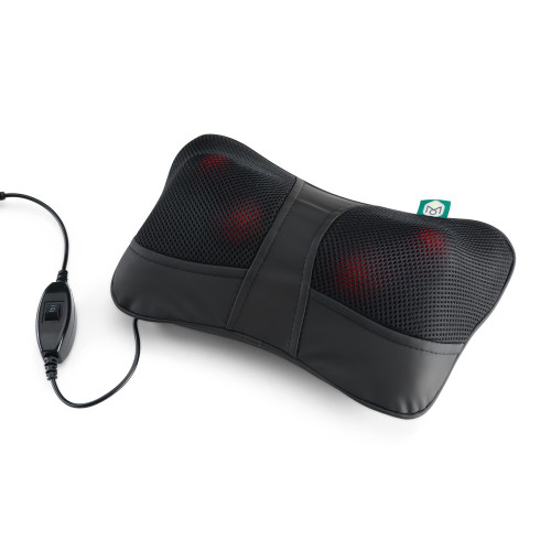 A black Mini Massage Cushion powered on, with its internal nodes glowing red through the mesh and cord attached.