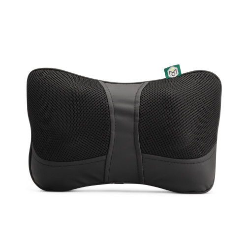 The black Wellbeing mini massage cushion, shown front-on. It has a bowtie shape with black mesh fabric.