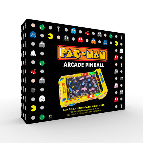 A three-quarter view of the black Pac-Man Pinball box, showing the yellow tabletop machine surrounded by classic game characters.