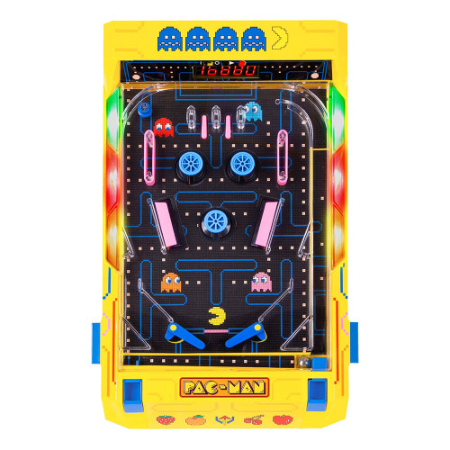 A top-down view of the yellow Pac-Man Pinball machine. The playfield is a classic maze with ghosts, colourful lights, and a score.