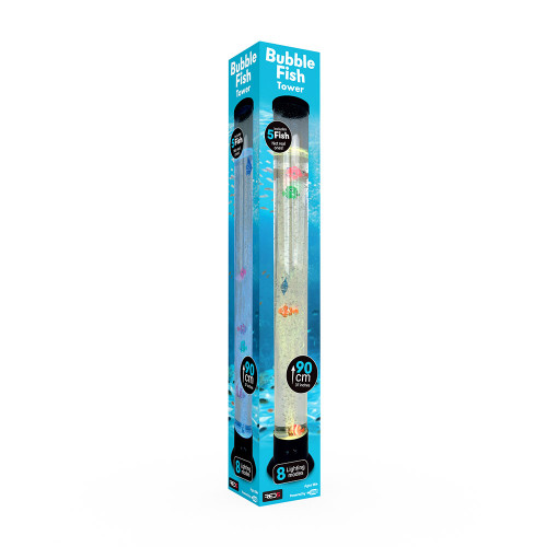 The Bubble Fish Tower in its tall blue retail box. The packaging shows it is 90cm tall and has 8 lighting modes.
